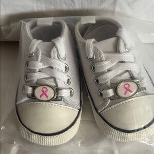 Baby Baby, White Baby Shoes with Pink Ribbon Accent